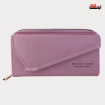 کیف پول زنانه لب کج رنگ صورتی چرم مصنوعی با دوخت منظم و استایل فانتزی